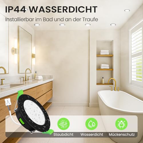 Alusso LED Recessed Spotlights Dimmable Diameter 55-68 mm 3CCT IP44 Ceiling Spotlights Pack of 6 | AC 220-240V, dimmable 10-100%, 3000K/4000K/6500K LED spots for bathroom, kitchen, black 230 V Black, 6 Pieces 12 pieces