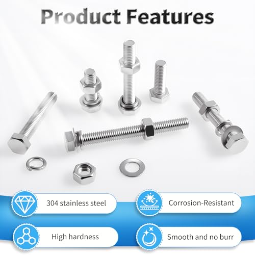 12 Set M10-1.5×120 Hex Bolts with Nuts & Washers, Full Thread 12Pcs M10-1.5×120