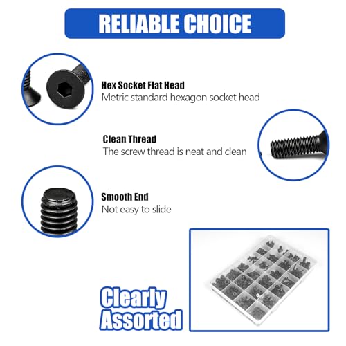 NINDEJIN M2 M3 M4 M5 M6 Flat Head Hex Socket Cap Screws Bolts and Hex Nuts with Washers Assortment Kit, 12.9/10.9 Carbon Steel Metric Screw, Full Thread, Black Oxide, Hex Drive(580PCS and 146PCS)