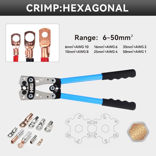 HKS Battery Cable Crimping Tool Kit – Heavy Duty Wire Crimper for AWG 10-1, Includes 60pcs Copper Ring Terminals & 60pcs 3:1 Heat Shrink Tubing, Ideal for Battery Cables HX-50B Crimper + 60pcs Lugs