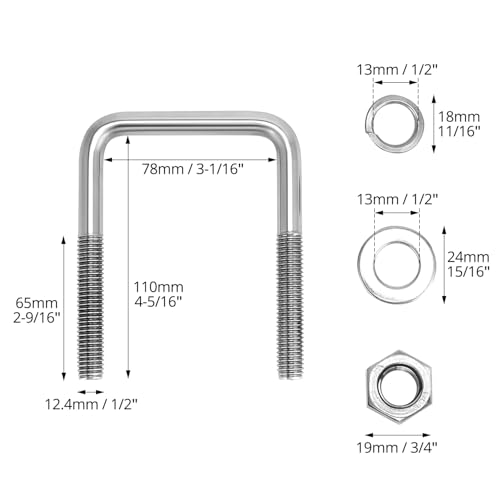 QWORK 304 Stainless Steel U-Bolts 1/2" D x 3 1/16" W x 4 5/16" L - 4 Pack Boat Trailer Ubolts for 3" Square Beams & Shafts with Lock Nuts & Washers, for Automotive, Marine & Industrial Use