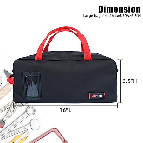 MELOTOUGH 16 Inch Tool Bag Canvas Tool Tote Bags with Zipper Heavy Duty Portable Tool Bag Organizer for Electrician,Plumbing,Technician,HVAC (Black & Red)