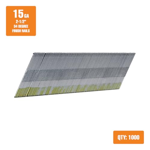 Freeman Angled Finish Nails | 34 Degree | 15 Gauge | 2-1/2" | Tape Collated | Galvanized Steel | 1000 Count | Trim, Baseboards, Moulding, Cabinetry, Furniture, Door and Window Casing | AF1534-25 15-Gauge 2-1/2"