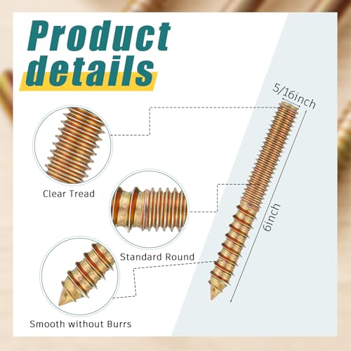 Hicarer 20 Pack 5/16-18 x 6 Inch Hanger Bolts with Driver Bit Gold