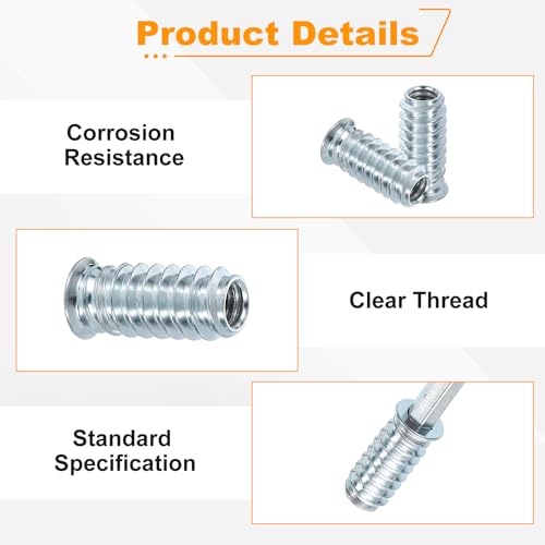 uxcell 100 Pcs Threaded Insert for Wood, 1/4" - 20 Carbon Steel Threaded Studs Hex Socket Drive Nut Inserts Screw in Nut Fastener Connector with Hex Wrench 25mm Length for Home, Silver 1/4"-20x25mm