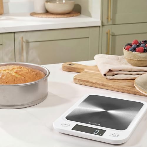 Salter 1105 SSWHDR Stainless Steel Electronic Scale - 5 KG Capacity, Large Platform Digital, Slim Design, Easy to Clean, Backlit Display, Tare Function, Accurate Readings, Batteries Included, White White Stainless Steel Kitchen Scale Single