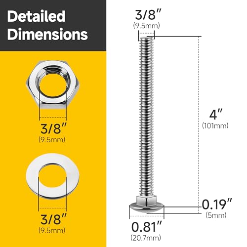 Mywish 50Pcs 3/8-16 4-Jaw Tee Nuts for Bolts & (5 Sets) 3/8-16 x 4 Carriage Bolts Screws Round Head Square Neck and Hex Nuts & Flat Washers, Full Threaded 304 Stainless Steel Bright Finish