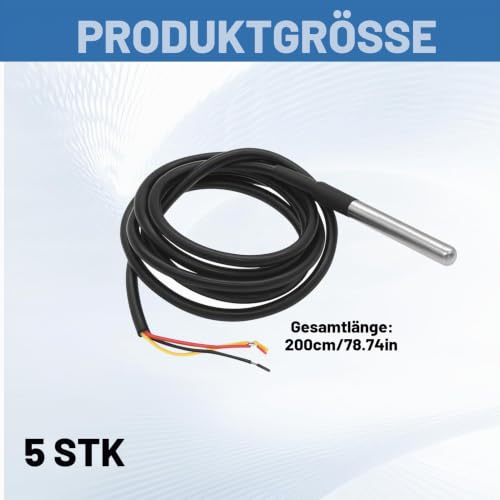 Menibeuty Pack of 5 DS18B20 Temperature Sensors, 2 m Cable Waterproof Stainless Steel Probe Temperature Sensor Temperature Cable, Compatible with Arduino RB Pi Shell Addon Including E-Book (-55°C to 5 pieces 2 m