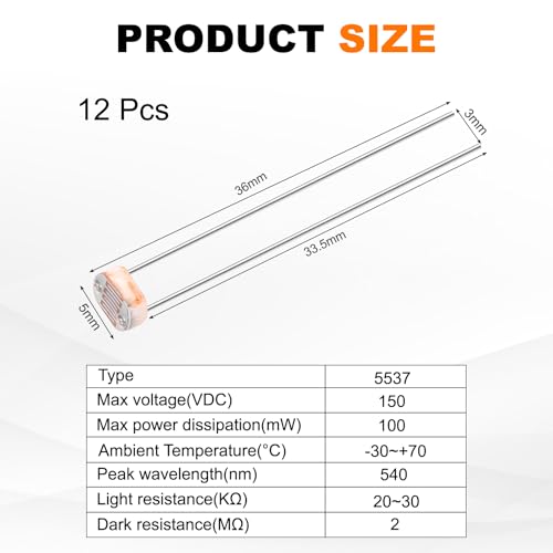 sourcing map 12 Pieces Photoresistor Kit 5mm Light Dependent Resistor (LDR) Light Sensitive Resistor Passive Components for DIY Industrial Experiments, GL5537 20~30KΩ