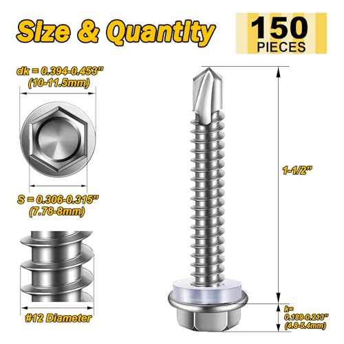 Mywish 150pcs #12×1-1/2" Self Tapping Screws for Metal, 410 Stainless Steel, Hex Washer Head Self Drilling Screws, High-Strength Quick Tapping TEK Screws, Corrosion Resistant #12x1-1/2" (150pcs) Silver