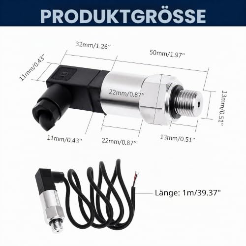 Stainless Steel Pressure Transducer, Pressure Sensor Silicon Pressure Transmitter Sensor Water Flow Sensor 4-20mA Output G1/4 Inch for Water Gas Oil (0-0.5 MPA) 0--1MPA