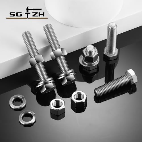 3/8-16 x 3 Hex Head Screw Bolt, Nuts, Flat & Lock Washers, 20Pcs 18-8 (304) Stainless Steel, Fully Threaded, by SG TZH 3/8-16 x 3" Silver 20