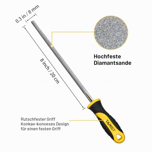 TARIST Diamond File Set 3-Piece 200 mm Including Flat/Half Round/Round Files For Sharpening Lawnmower Blades, Garden Shears, Axes - Tool Sharpener for Metal, Tile, Ceramic, Glass, Stone and More