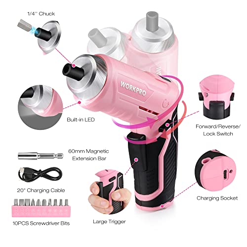 WORKPRO Pink Tool Set, 3.7V Electric Screwdriver Kit with Toolbox