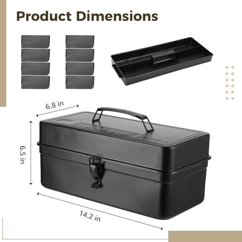 Portable Small Metal Tool Box & Parts Organizer – 14.2" x 6.8" x 6.5" Lockable Storage Case with Removable Plastic Dividers, for Craft Supplies, Garage Hardware, Screws, Home Projects – Black