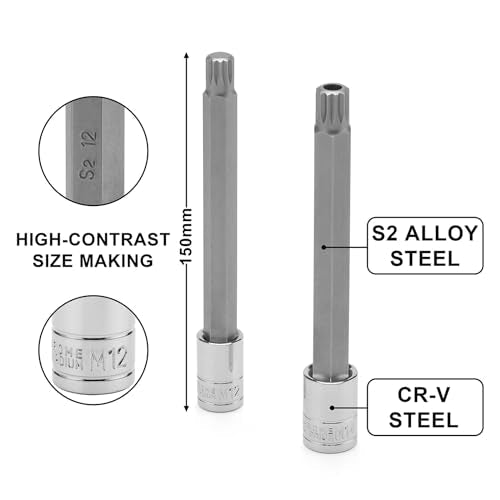 EMENTOL XZN Triple Square Spline Bit Socket Set, Extra Long 5.9-Inch, 10 Pieces 3/8" and 1/2" Drive M4 - M16, MT14 - MT18, CR-V and S2 Steel