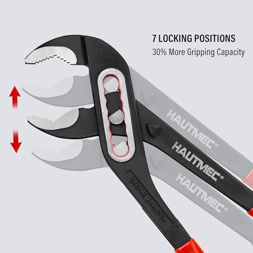HAUTMEC 3PCS Water Pump Pliers Set, Fast Adjustable Tongue and Groove Joint Pliers Tool Set, Self-Locking Groove, CRV Steel V-Jaw & Comfort Grip, Wider Opening & 7 Positions, 7/10/12 Inch for Plumbing HT0323