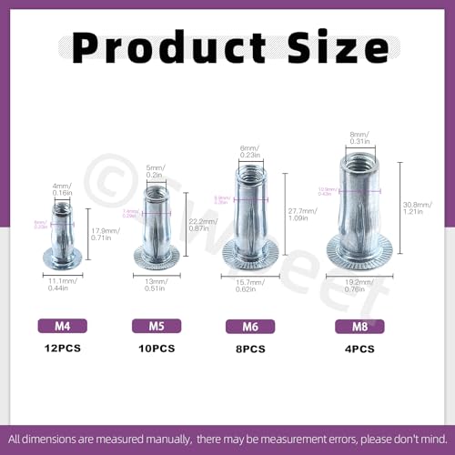 Swpeet 34Pcs 4 Sizes M4 M5 M6 M8 Metric Carbon Steel White Zinc-Plated Multi-Grip Rivet Nuts Plus Nuts Assortment Kit, Bulbed Shank Flat Head Threaded Insert Nut Construction Fasteners for Industrial