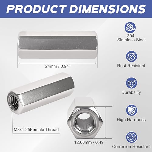 304 Stainless Steel Metric hex Coupling Nuts M8 x 1.25-Pitch 24mm 32 Pcs M8x1.25x24MM
