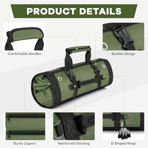 ANILD 15.5 Inch Extra Long Tool Bag Roll Up, Roll Up Tool Bag Organizer Green Large