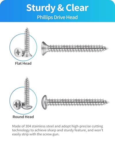 560Pcs 304 Stainless Steel Self Tapping Screws Assortment Set, M3/M4/M5/M6 Flat Head & Round Head Self Tapping Screws Assortment Set, Phillips Drive Wood Screw Assortment Kit (Silver) Silver