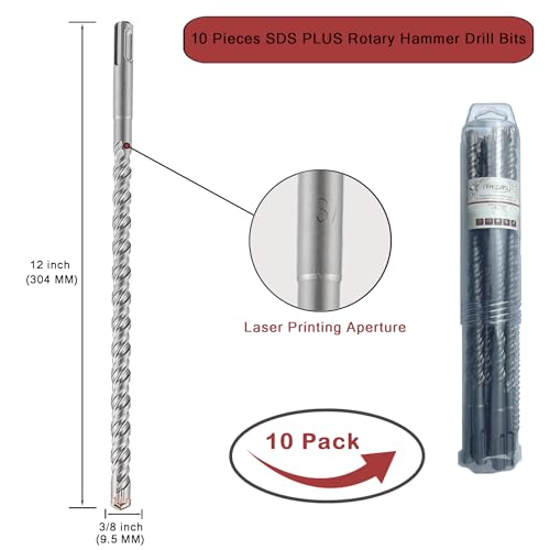 10pcs SDS Plus 3/8 in. x 12 in. Rotary Hammer Drill Bit Kit, Cross-Type Double Thread Carbide Concrete Drill Bit for Stone, Brick, Masonry, Cement Walls