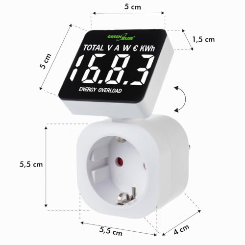 Green Blue Electricity Meter, Energy Cost Meter, Digital Wattmeter, Power Consumption Meter, Energy Meter, 16 A Max: 3680 W, Display of Consumed kWh and Energy Costs | Secondary memory (Schuko socket)