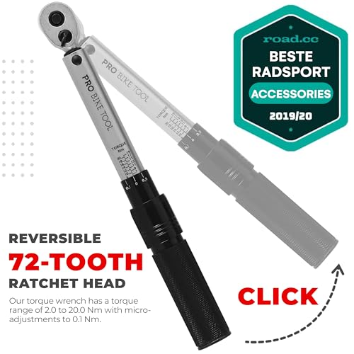 PRO BIKE TOOL 1/4 Inch Drive Click Torque Wrench Set - Precise 2 to 20 Nm Bike Tool Kit for Road and Mountain Bikes - Includes 1/4 Torque Wrench, Allen, Torx Bits, Extension Bar and Storage Box Silver