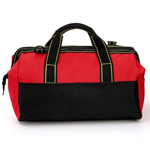 Hiceeden 16 Inch Wide Mouth Tool Bag, Collapsible Tool Tote with Waterproof Coating and Adjustable Strap, Portable Electrician Tool Organizer Handbag with 5 Outside Pockets, Red (Pack of 3) 16.1 x 8.2 x 8.6 inches (Pack of 3)