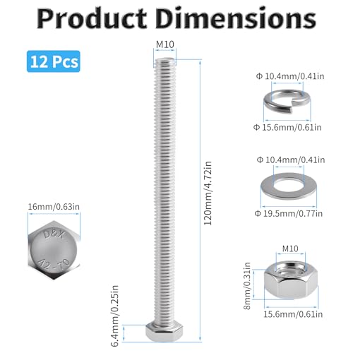 12 Set M10-1.5×120 Hex Bolts with Nuts & Washers, Full Thread 12Pcs M10-1.5×120