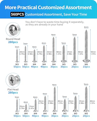 560Pcs 304 Stainless Steel Self Tapping Screws Assortment Set, M3/M4/M5/M6 Flat Head & Round Head Self Tapping Screws Assortment Set, Phillips Drive Wood Screw Assortment Kit (Silver) Silver
