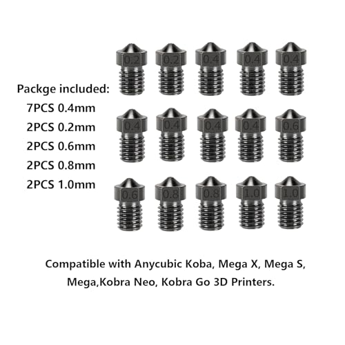 15pcs Hardened Nozzle Set for Anycubic Kobra 3D Printer, 7pcs 0.4mm Nozzles and 2pcs 0.2mm, 0.6mm, 0.8mm, 1.0mm Wear-resistant Nozzle Set for Anycubic Mega, Mega X, Chrion, Kobra Neo For Mega Hardened