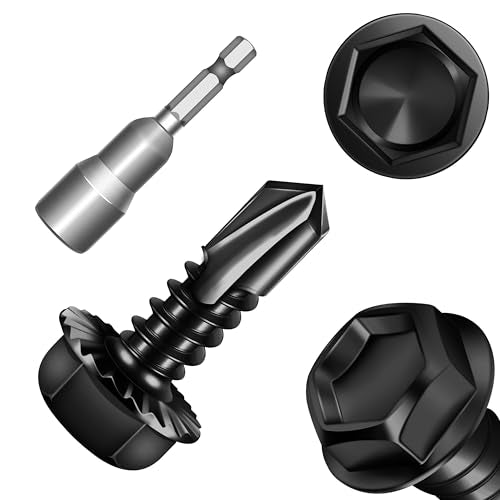 Mywish (300Pcs) 3/16" x 1/4" Blind Pop Rivets & 25Pcs #14 x 3/4" Serrated Flange Hex Washer Head Sheet Metal Screws, Aluminum Grip and Steel Mandrel Blind Rivets, Black Zinc Plated Self Tapping Screws