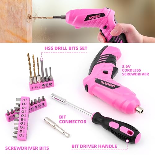 URASISTO 123 Piece Pink Household Tool Set with 3.6V USB Electric Screwdriver, Home Tool Kit with Cordless Lithium-ion Drill Driver, HandTool Kits for Women