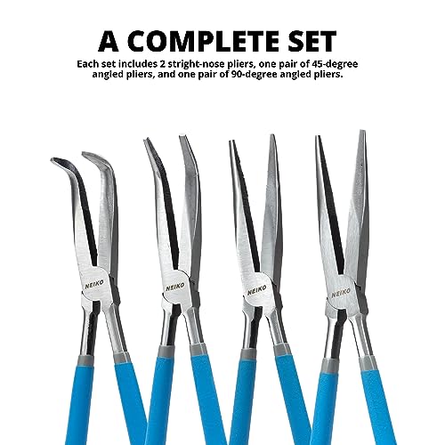 NEIKO 02105A (4) Long Nose Plier 11” Long Reach, Straight, Angle, Curved Pliers, 45 & 90 Degree, bent Head Needle Nose Pliers Set for Mechanics, Long Handle Pliers Long Nose Pliers