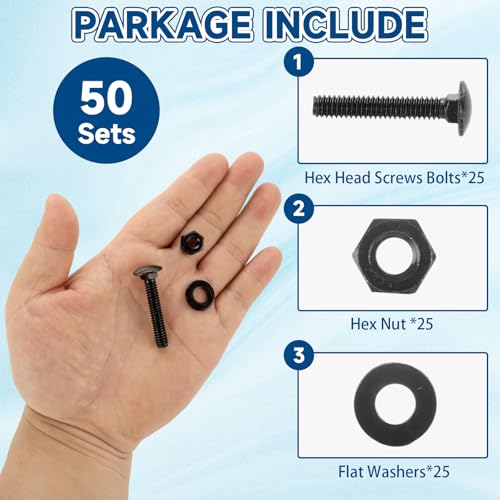 50 Sets 1/4-20 x 1-1/2 Black Carriage Bolts and Nuts Kit Stainless Steel