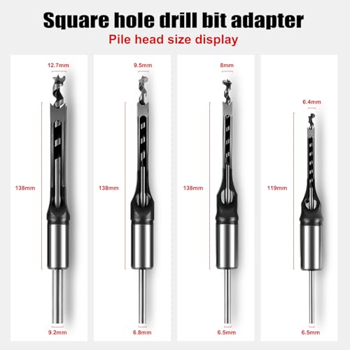 Square Hole Drill Bit Adapter and Square Hole Drill Bit Set for Wood Mortising Attachment Drill Press Hollow Chisel Mortise Drill Tool for Mortise Machine