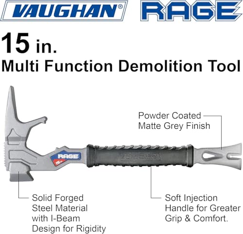 Vaughan 15 Inch Multi-Function Demolition Tool, Hammer, Nail Puller, Multi-Use, Heavy Duty Construction, DIY Hand Tools - Blue 050042 15"
