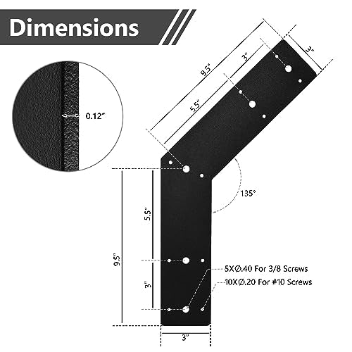 Sihnman 135 Degree Angle Bracket (2 pc) Powder Coated 3mm Structure Steel Plate for Pergola, Truss, and Frame as Joining Plate, Mending Plate, Gable Plate, and Corner Bracket.,black (135angleplate)