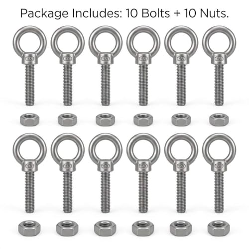 QWORK 3/8"x6" Stainless Steel Shoulder Eye Bolts – 10 Pack Machine Thread Set with Nuts for Metal Frame, Rigging & Cable Mounting 3/8" x 6"