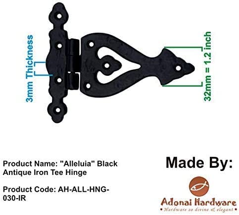 Adonai Hardware Alleluia Antique Cast Iron Vintage Heavy Duty T Hinges (5.3" x 2 Pack, Matte Black) for Barn Doors, Gates, Cabinets, Wardrobes, Sheds, Windows, Wooden Box, Chest and Trunks 5.3 Inch x 2 Pack (T Hinge) Matte Black (Iron)