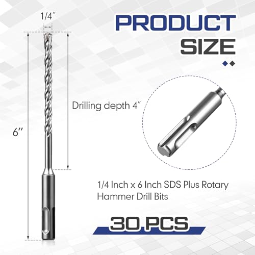 30 Pcs Rotary Hammer Drill Bits Bulk, Concrete Drill Bit Set, Carbide Tipped for Concrete Brick Stone Masonry Wall Anchor Drilling Construction 1/4 x 6 Inch
