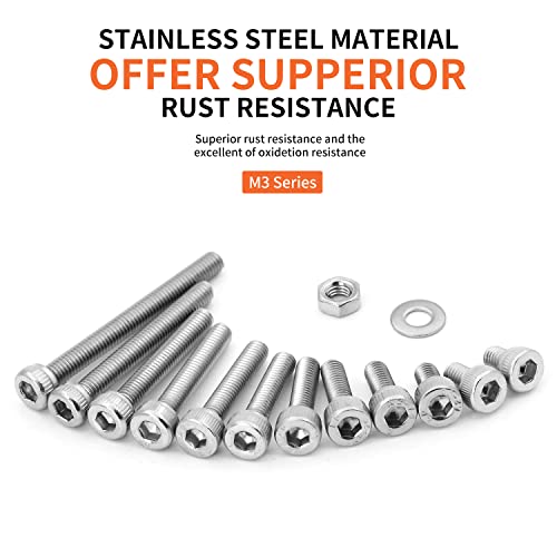 1310PCS M3 x 4/5/6/8/10/12/14/16/18/20/25/30mm Hex Socket Head Cap Screws Bolts and Nuts Flat Washers Assortment Kit, 304 Stainless Steel, Metric Machine Fully Thread, Allen Hex Drive M3 Socket Head (1310PCS)