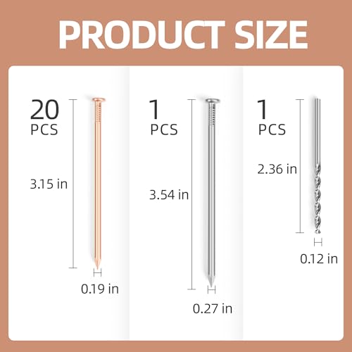 20 Pcs Copper Nails for Killing Trees, Stumps & Roots, 3.15 Inch Long Pure Copper Nails Bulk, Stump Removal Spikes with 1 Pcs 3.15 Inch Long Steel Nail and 1 PCS Drill (3.15 inches) 3.15 inches