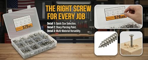 570Pcs Self Tapping Screws Assortment Set, M3/M4/M5/M6 304 Stainless Steel Sheet Metal Screws Kit, Phillips Drive Wood Screw Assortment 570pcs