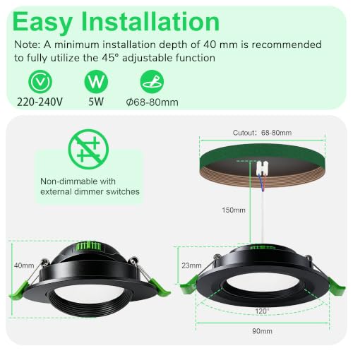 LED Recessed Spotlight 230 V 5 W, 45° Swivel, 3CCT 2700 K/4000 K/6000 K, 23 mm Ultra Flat, IP44 LED Spotlights for Diameter 68-80 mm Hole Size, LED Recessed Lights for Bathroom, Kitchen 3 pieces Black