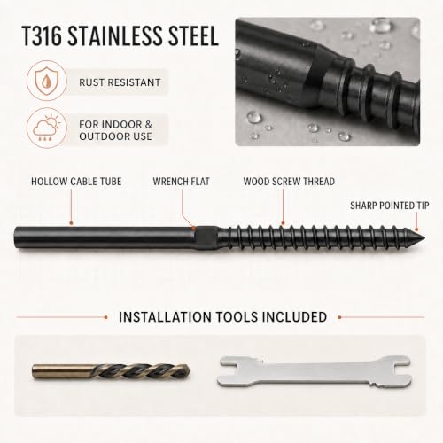 ZONEGRACE 60 Pack Black Cable Railing Hardware, Cable Rail Kit for Wood Posts with T316 Right & Left Handed Swage Lag Screws and Crimp Tensioner Terminals for 1/8 Inch Wire Rope