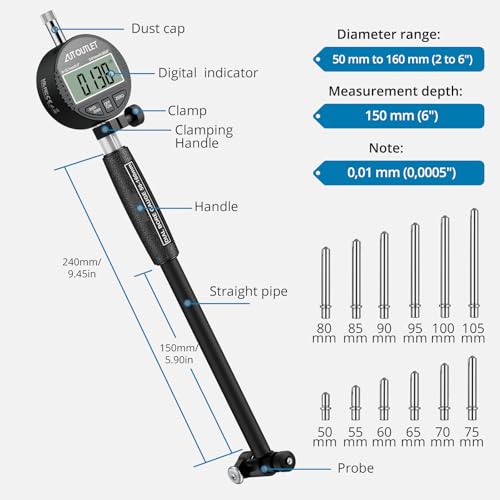 AUTOUTLET Digital Dial Bore Gauge Set 50–160mm (2–6 in), 0.01mm(0.0005”) Accuracy Precision Bore Gauge with Dial Gauge, 12 Anvils, Deep Hole Measurement Tool 2"-6"