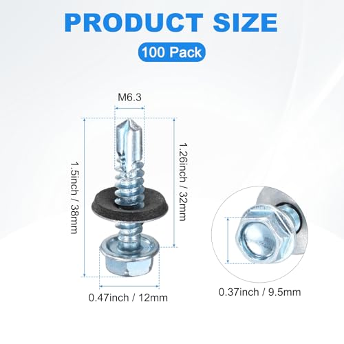 M METERXITY 100-Pack Self Drilling Screws with Rubber Washer #14 x 1-1/4" Zinc Plated Carbon Steel Hex Head Self-Tapping Screws for Metal Roofing/Siding Panels/Steel Structures [ 38mm Length] M6.3 x 32mm