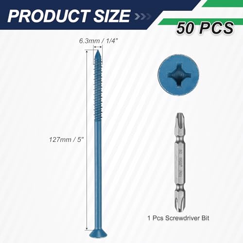50Set Concrete Screws and Screwdriver Bit 1/4"x5" Screw Blue 1/4"x5" 50